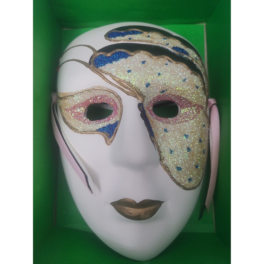 Vintage Porcelain Wall Mask 7"x5" Gold Glitter Hand Painted Mardi Gras Dec
